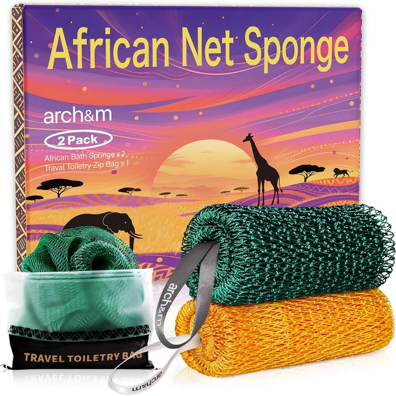 ARCH&M African Exfoliating Net Sponge Afroscrub - Authentic African Net Sponge with Knots Exfoliating Wash Cloths for Body Scrubber Back Scrub Exfoliator for Shower Bath Forest Green + Golden by - Image 1